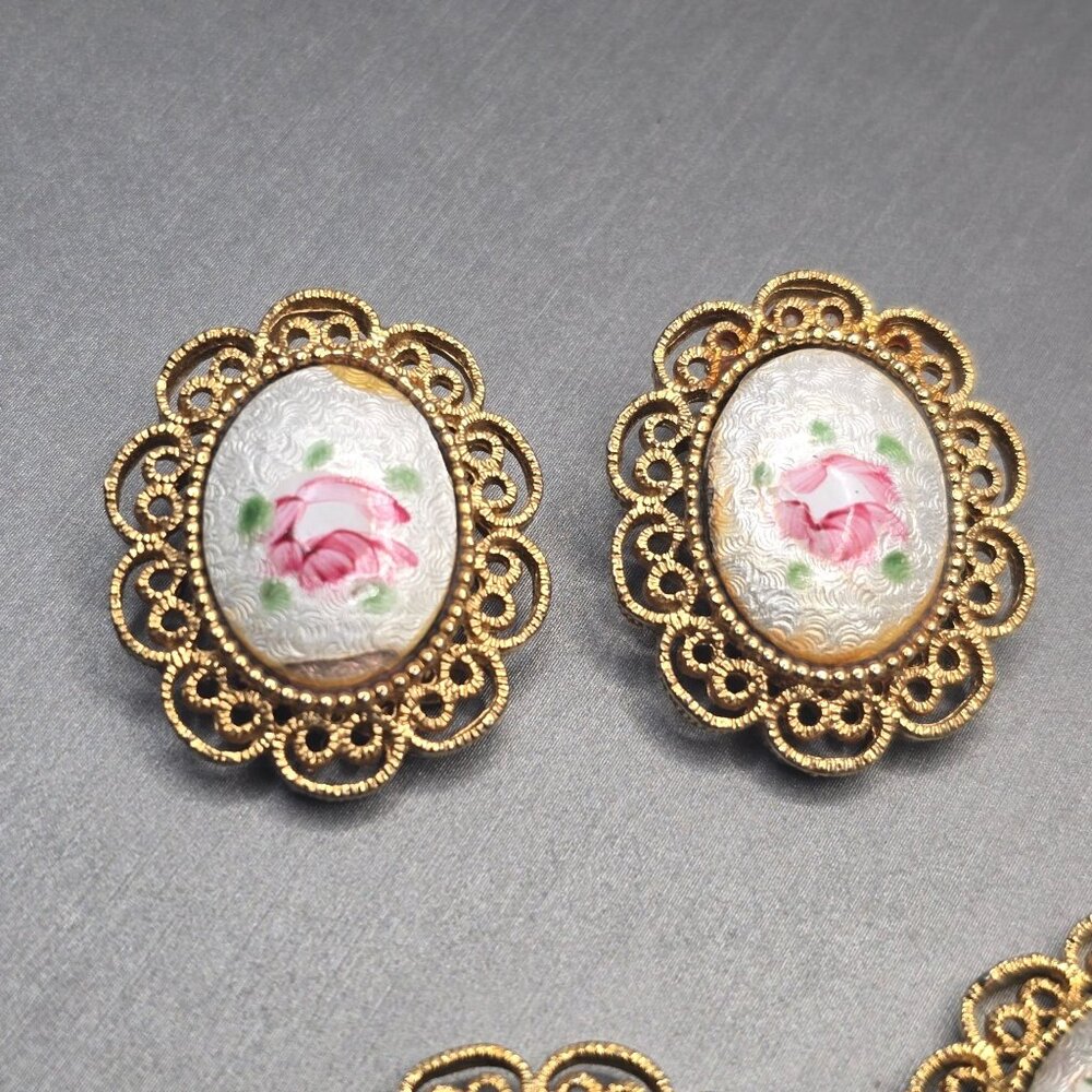 VTG Coro Rose Guilloche Bracelet & Clip-On Earrings Set Gold Tone Filigree - Picture 2 of 12